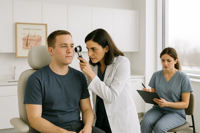 A dermatologist looks through a scope at an acne patient's skin while a frustrated medical assistant tries to write down notes
